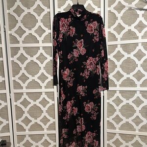 Harlow & Rose Black and Pink Floral Turtleneck Mesh  Midi Sheath Dress L
